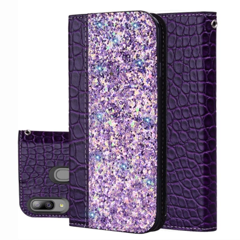 Husa Lemontti Flip Leather Case Glitter Powder compatibil cu Samsung Galaxy A20e, Purple