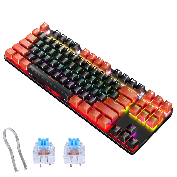 Tastatura mecanica gaming Weluot, Iluminare RGB, 87 taste, Negru/Portocaliu, Axa Albastra