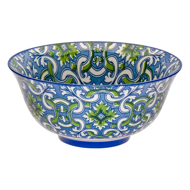 Bol servire din ceramica Shopiens®, albastru cu modele paisley albe si verzi, rotund, 250 ml