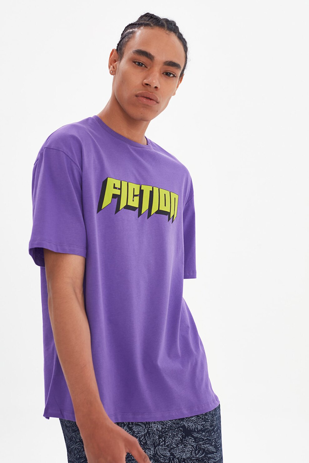 Trendyol, Tricou regular fit de bumbac, Violet ametist/Verde lime