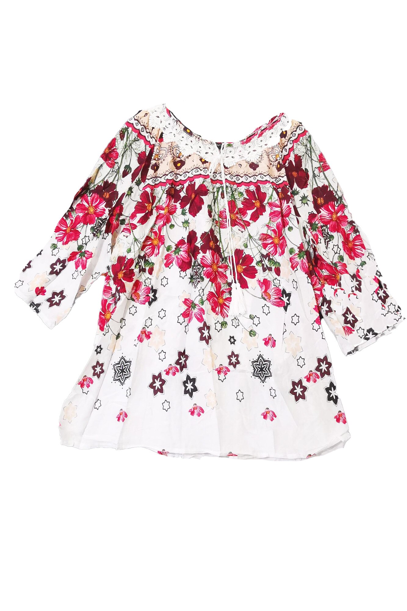 Bluza tip ie,imprimeu floral, maneci 3/4, decolteu rotund,bumbac,L INTL
