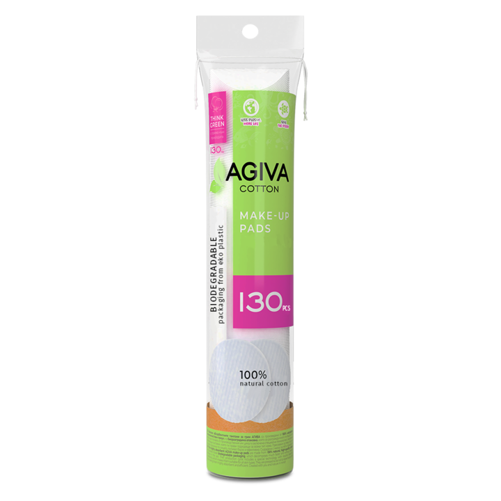 Agiva Cotton sminklemosó párnák, 100% természetes pamut, Biológiailag lebomló csomagolás, 130db