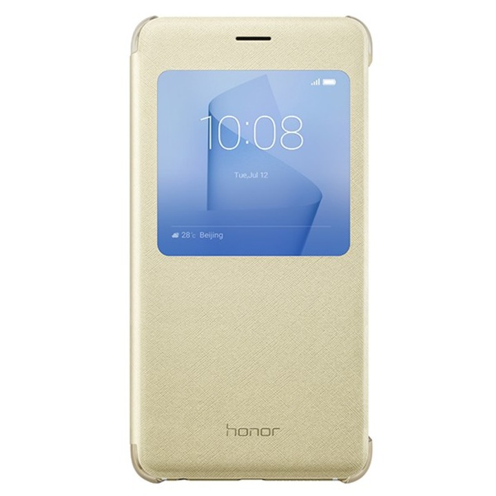 Huawei BBL2469 View Cover Védőtok, Honor 9 Pro-hoz, textil, flip típus, aranyszínű