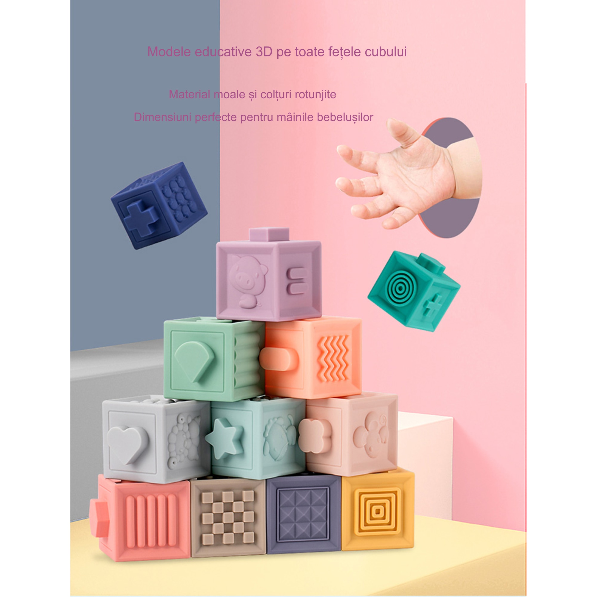 Set jucarii interactive si educative din silicon, Cuburi 12 piese ...