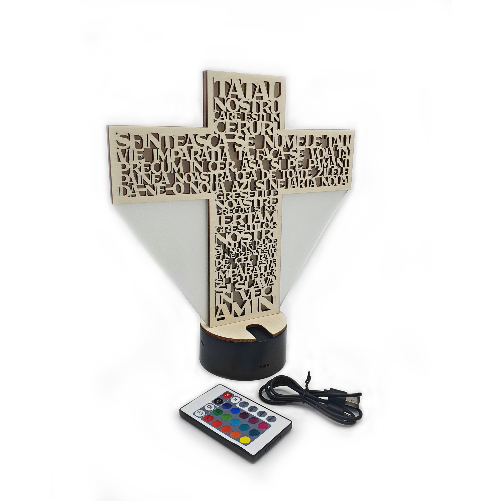 Cruce rugaciune Tatal nostru, din lemn, cu iluminare LED RGB, telecomanda, 30 cm