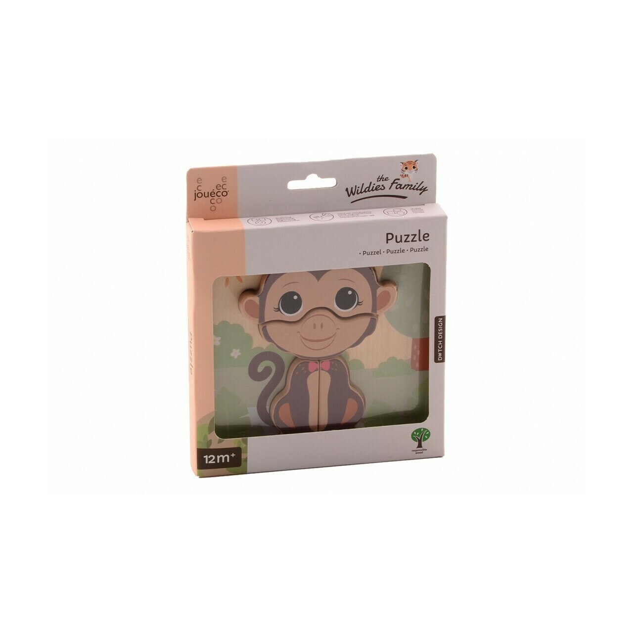 Puzzle, Joueco, din lemn Familia Wildies, Maimuta, 4 piese, Multicolor