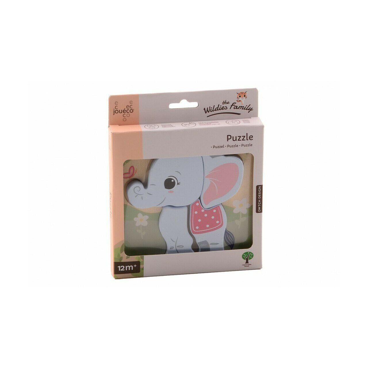 Puzzle, Joueco, din lemn Familia Wildies, Elefant, 4 piese, Multicolor