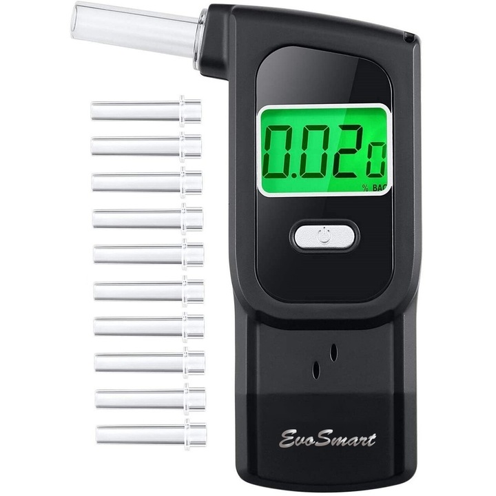 Alcool Tester EvoSmart™ JS48 JASTEK Profesional, Etilotest, Digital, Functie de Memorare, Acuratete +/- 0.01% BAC, 10 mustiuc-uri, Calibrare Automata, Recunoastere Suflat Fals, Analiza Rapida, Mustiuc-uri incluse, Display Digital LCD, Negru