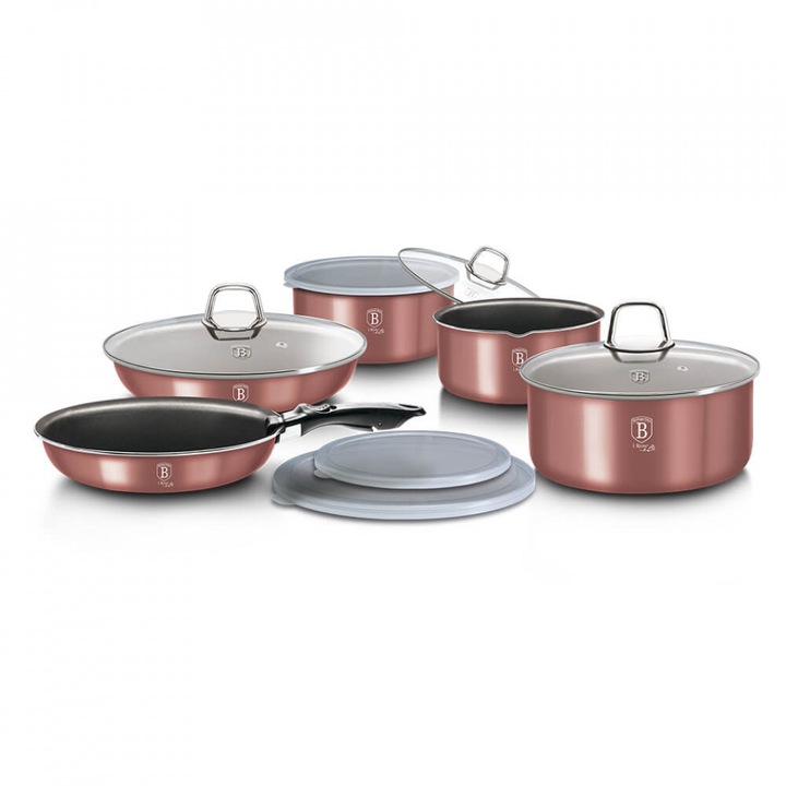 Комплект тенджери и тигани Berlinger Haus I-Rose Line Collection BH 6104, Подвижна дръжка, Алуминий, 12 части