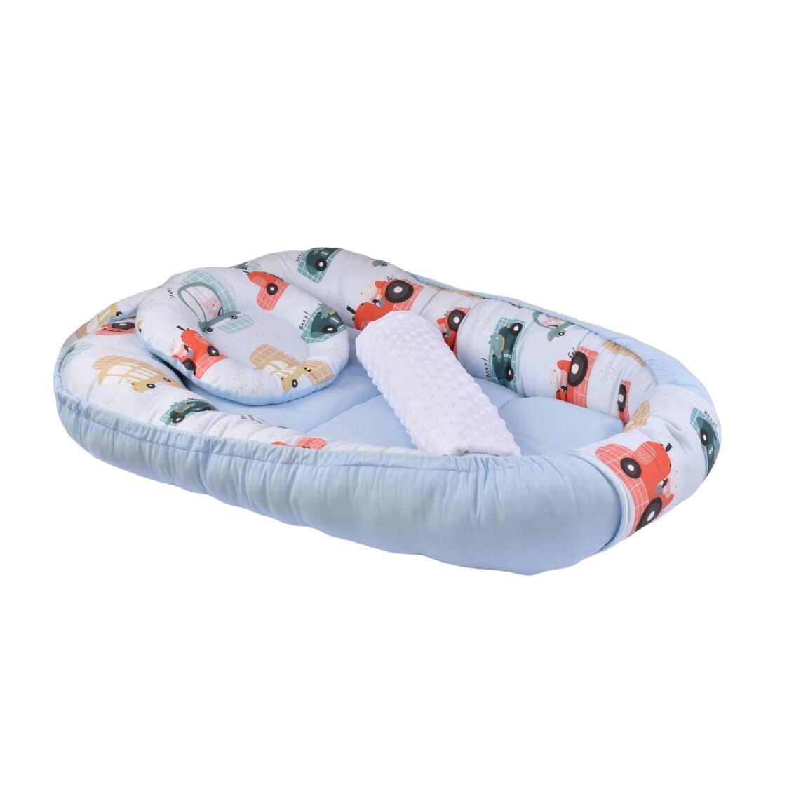 Set 4 piese babynest model masinute si bleu cu paturica plus alb
