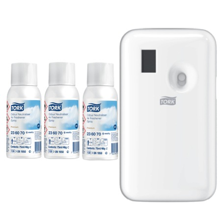 Odorizant aer tip spray Tork Premium, A1, 236070, 75 ml, neutralizator mirosuri, 3 bucati si Dozator Spray Odorizant Tork, A1, 562000, culoarea alb
