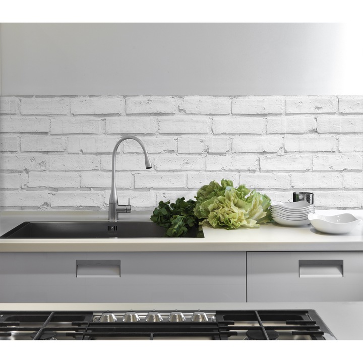 Konyhai falpanel öntapadós, hőálló csempe matrica fehér tégla 45 X 180 CM