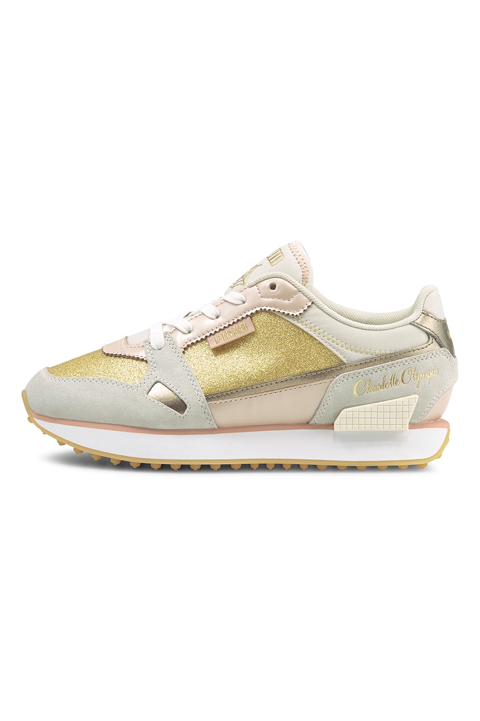 Puma, Pantofi sport cu insertii stralucitoare Mile Rider, Maro nisip/Auriu