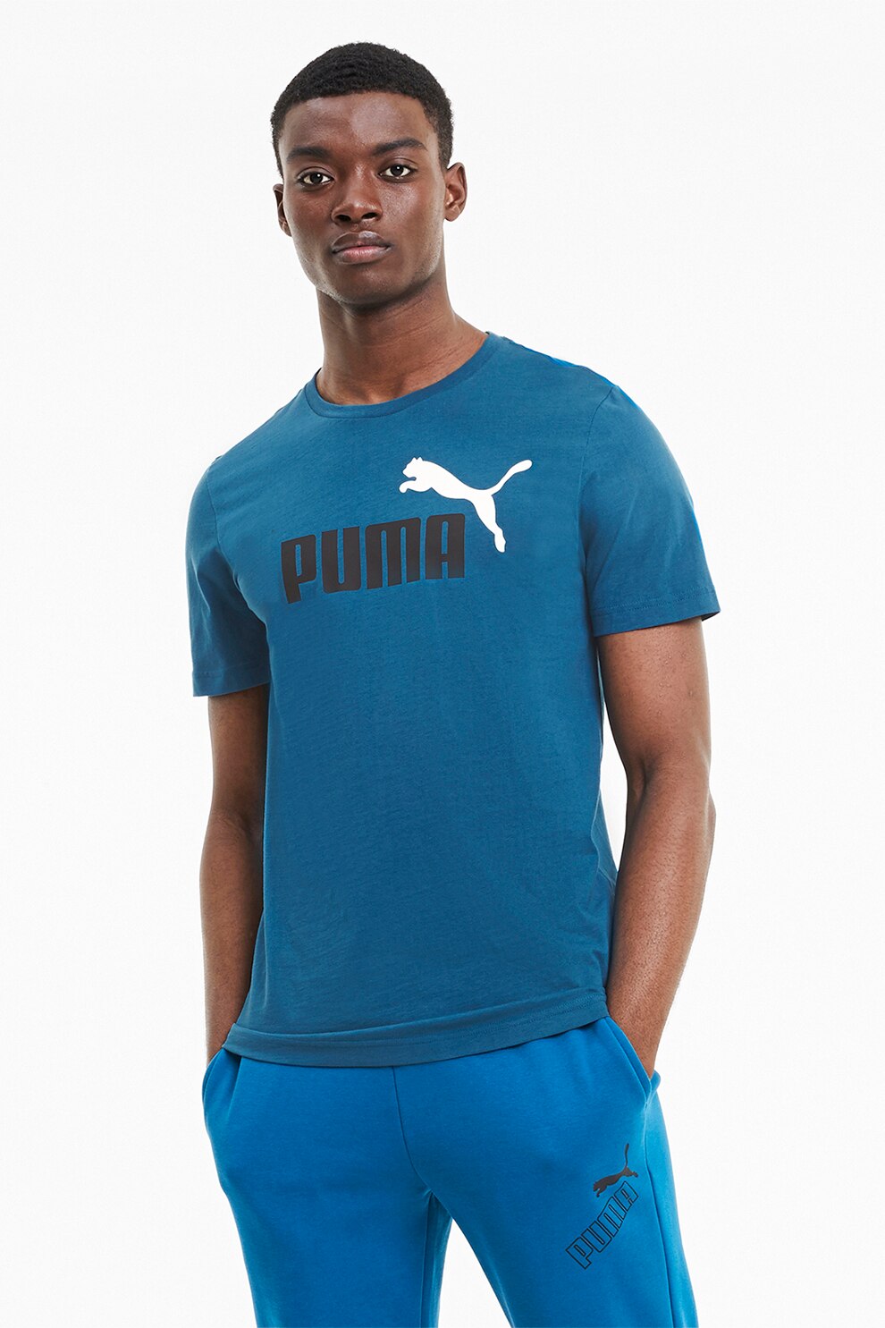 Puma, Tricou cu decolteu la baza gatului si logo ESS, albastru petrol, negru, M