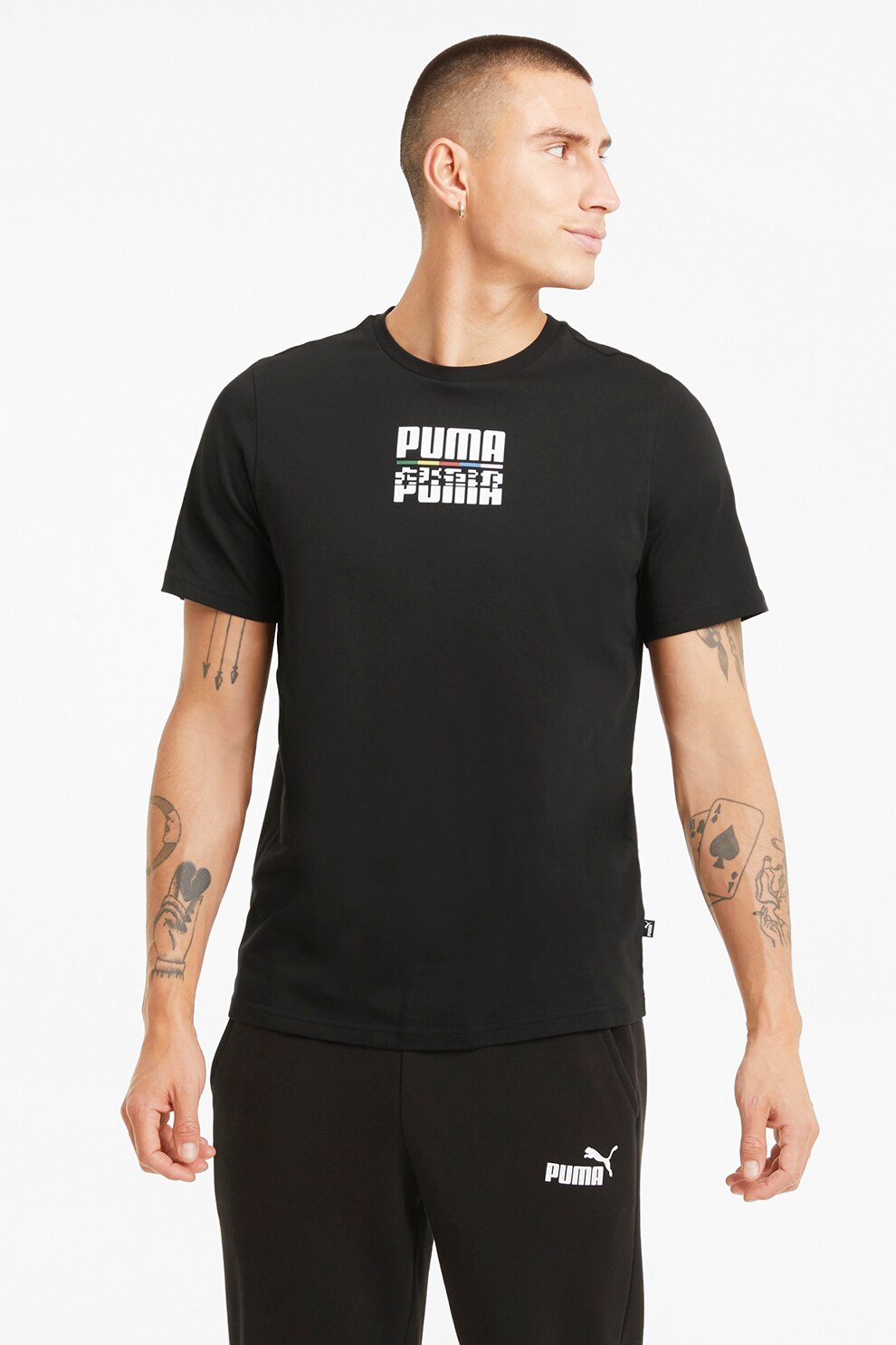 Puma, Tricou cu decolteu la baza gatului si imprimeu logo Core, Negru