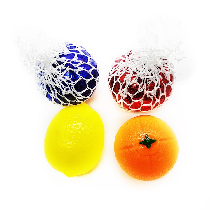 Set 4 mingi antistres cu slime gelatina incorporata, 2 mingi fructe + 2 mingi in plasa sidefate