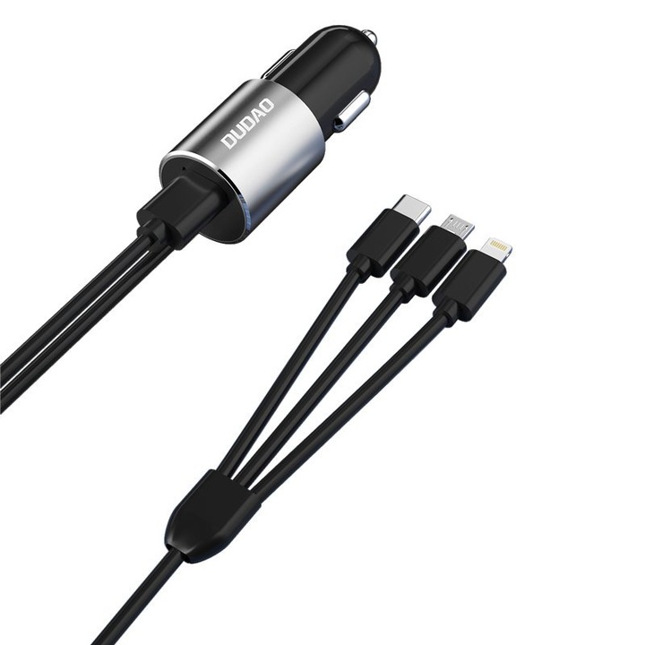 Dudao 3в1 USB зарядно за кола, 3.4 A, вграден кабел Lightning / USB type C / micro USB Black