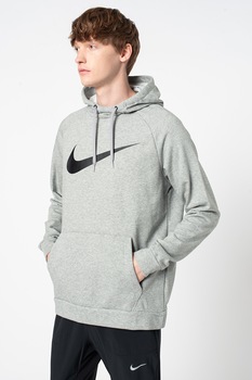 Nike, Hanorac cu imprimeu logo si tehnologie Dri-Fit, pentru antrenament, Gri melange Nike, Hanorac cu imprimeu logo si tehnologie Dri-Fit, pentru antrenament, Gri melange