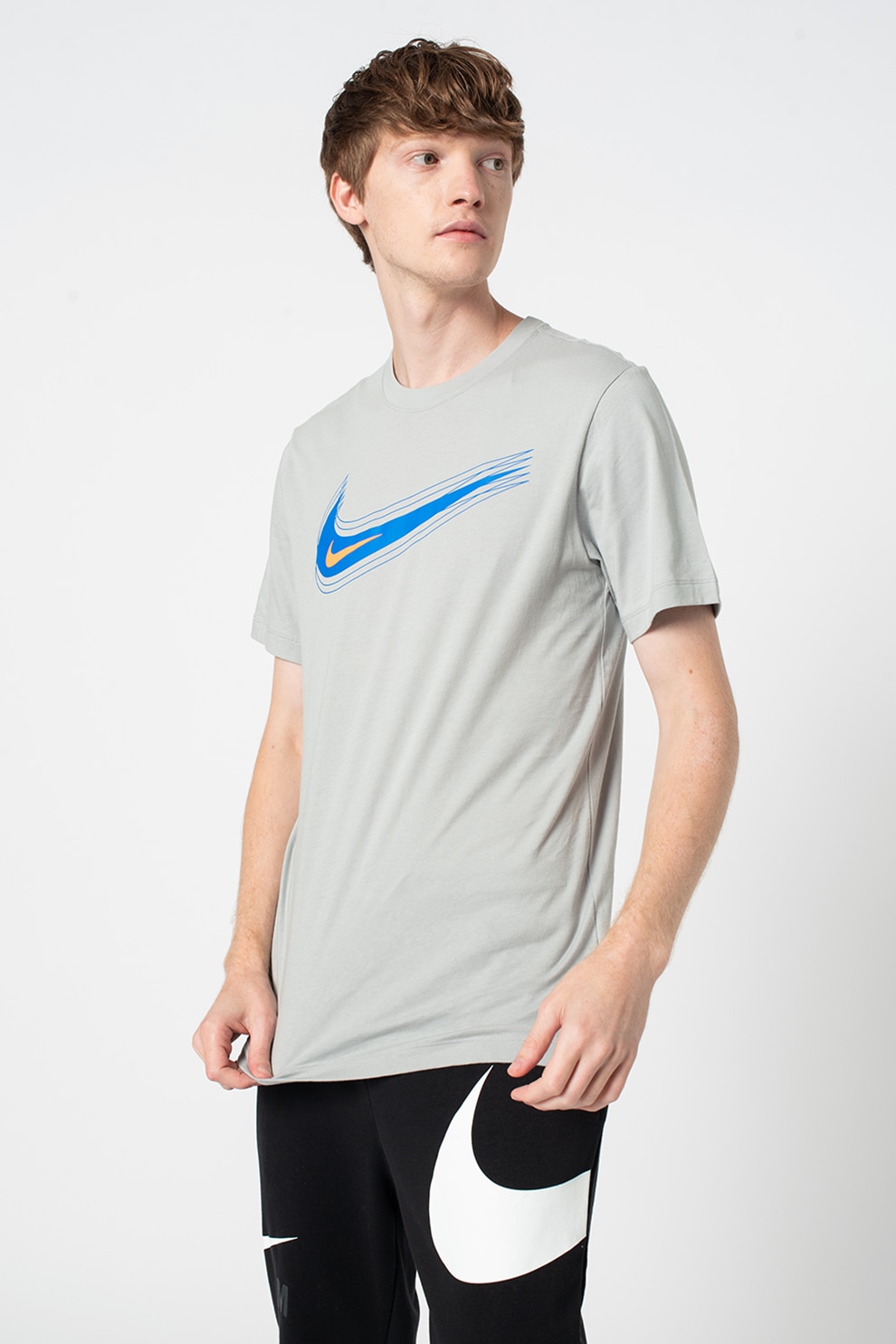 Nike, Tricou cu imprimeu logo si decolteu la baza gatului, Gri cenusa/Albastru royal/Oranj mandarina