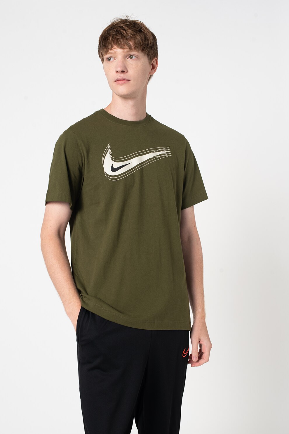 Nike, Tricou cu imprimeu logo si decolteu la baza gatului, Verde inchis/Alb