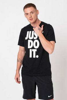 Nike, Tricou cu decolteu la baza gatului si imprimeu logo contrastant supradimensionat, Negru/Alb