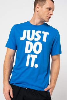 Nike, Tricou cu decolteu la baza gatului si imprimeu logo contrastant supradimensionat, Albastru royal/Alb