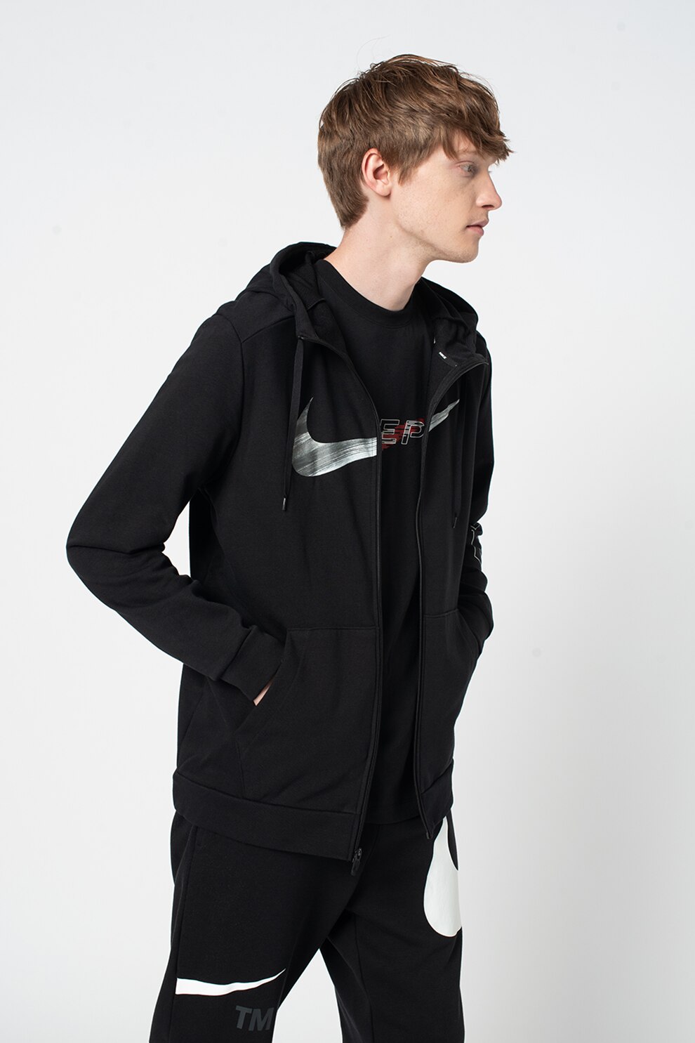 Nike, Hanorac cu imprimeu logo, tehnologie Dri-Fit si imprimeu logo pentru fitness, Negru/Alb