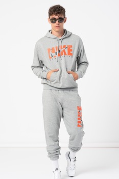 Nike, Trening cu gluga si imprimeu logo, gri melange deschis, oranj mandarina Nike, Trening cu gluga si imprimeu logo, gri melange deschis, oranj mandarina
