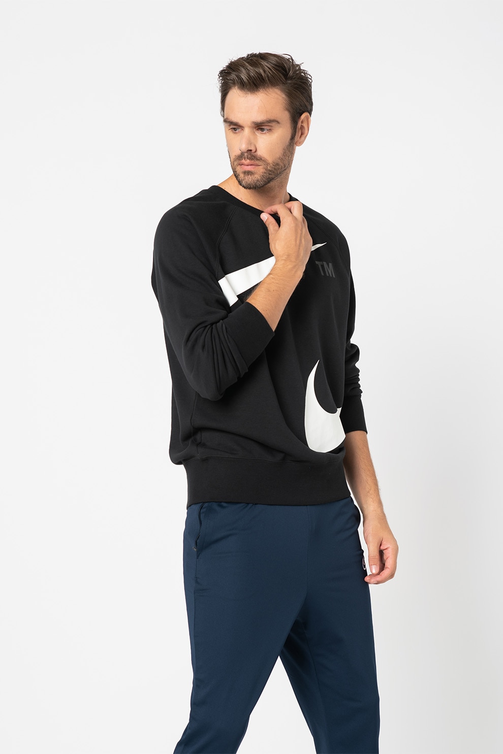 Nike, Bluza sport cu logo Swoosh, Negru/Alb, M