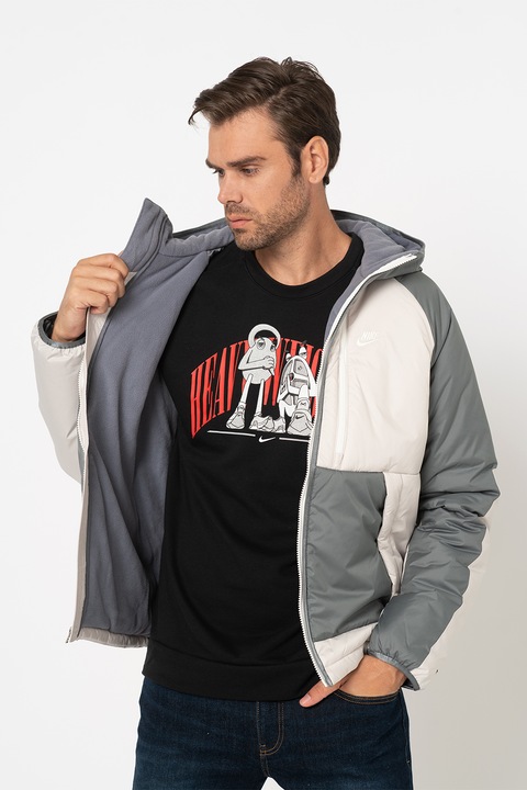 Nike, Geaca cu gluga Therma-Fit Legacy, Gri cenusiu/Crem