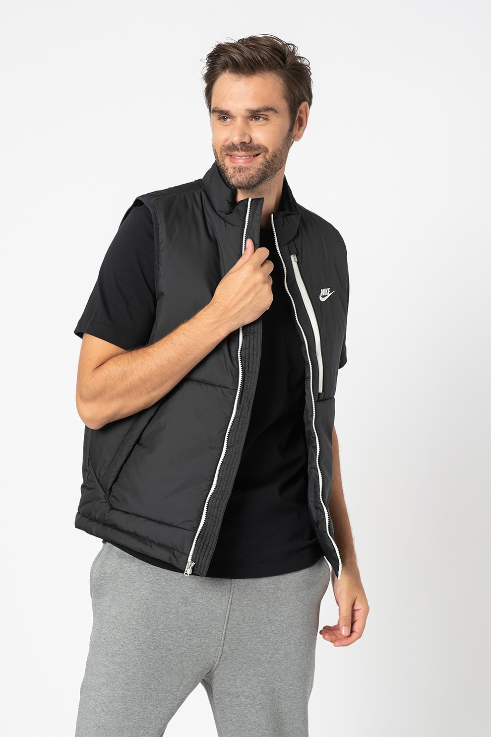 Nike, Vesta cu vatelina Therma Fit Legacy, Negru/Alb