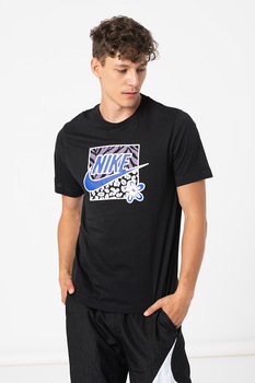 Nike, Tricou din bumbac cu imprimeu logo si grafic High Summer, negru, alb prafuit, gri