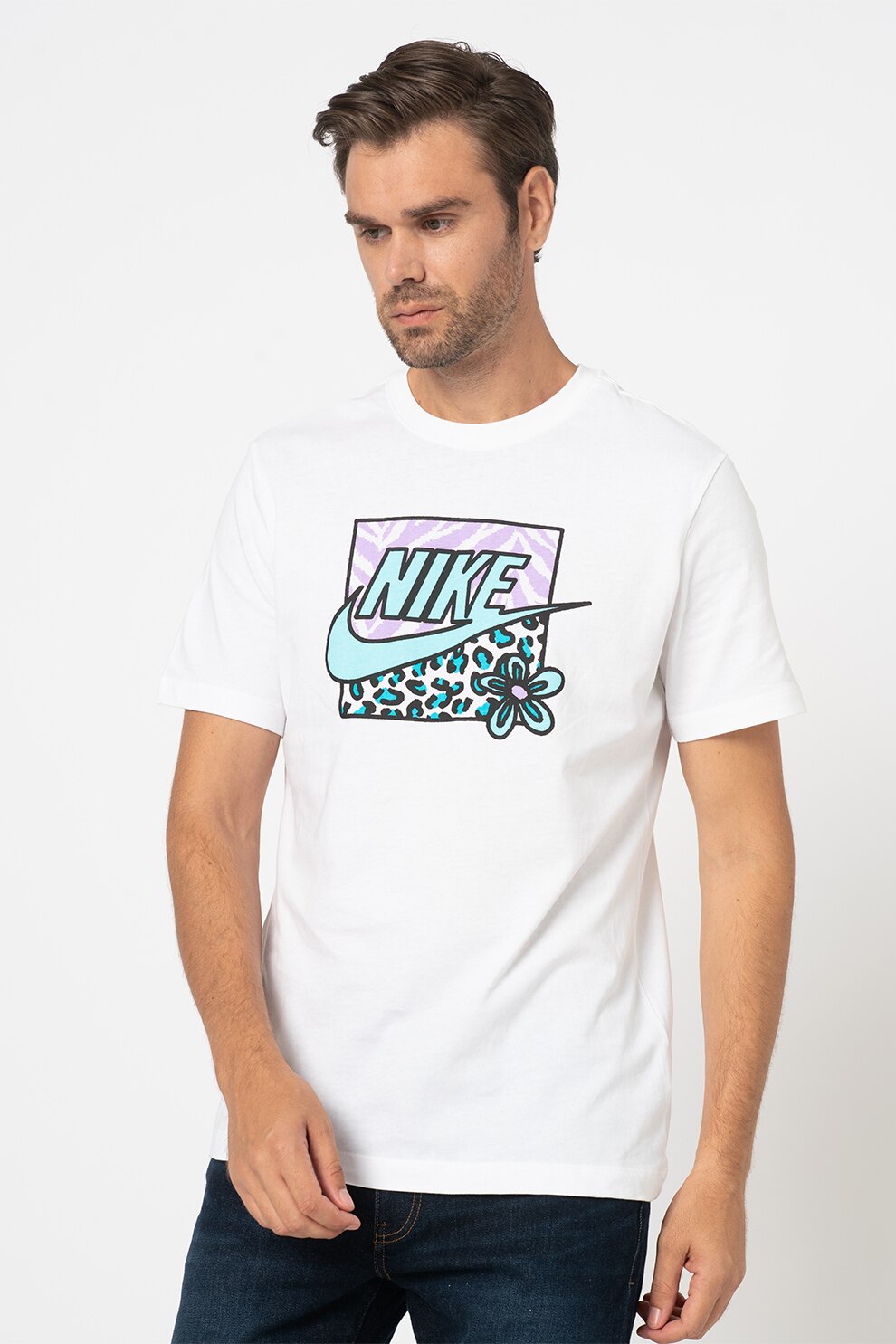 Nike, Tricou din bumbac cu imprimeu logo si grafic High Summer, Alb/Negru/Turcoaz