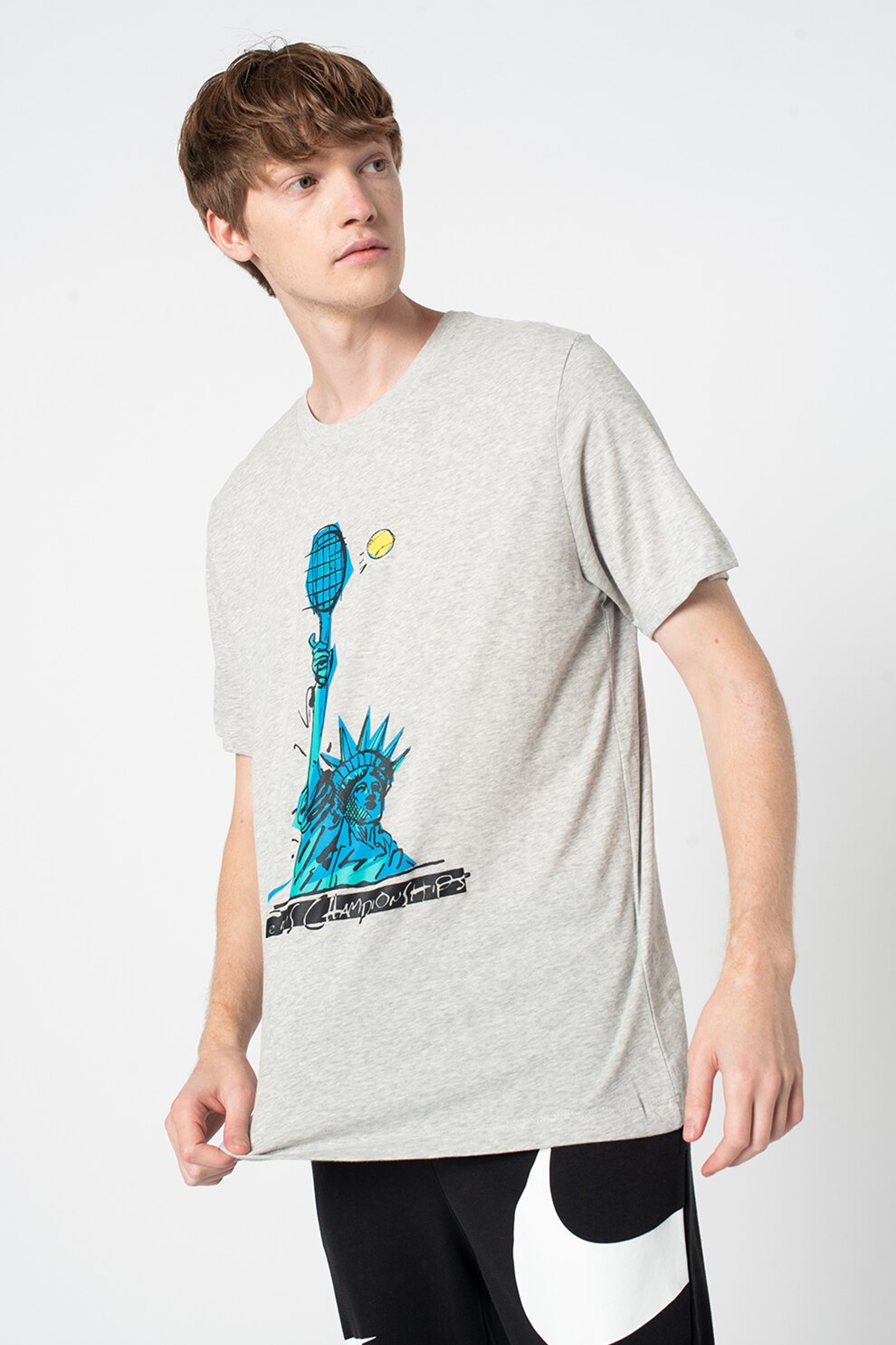 Nike, Tricou cu tehnologie Dri-Fit si imprimeu pentru tenis, Gri melange/Albastru/Verde