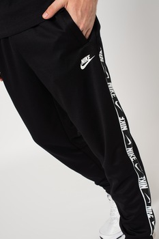Nike, Pantaloni sport cu banda logo laterala Repeat, Negru/Alb