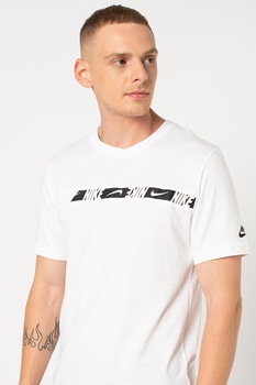 Nike, Tricou cu decolteu la baza gatului si imprimeu logo Repeat, Alb/Negru