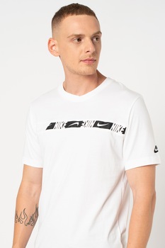 Nike, Tricou cu decolteu la baza gatului si imprimeu logo Repeat, Alb/Negru Nike, Tricou cu decolteu la baza gatului si imprimeu logo Repeat, Alb/Negru