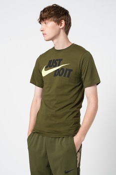 Nike, Tricou cu imprimeu logo Swoosh, Verde militar/Negru/Verde lime Nike, Tricou cu imprimeu logo Swoosh, Verde militar/Negru/Verde lime