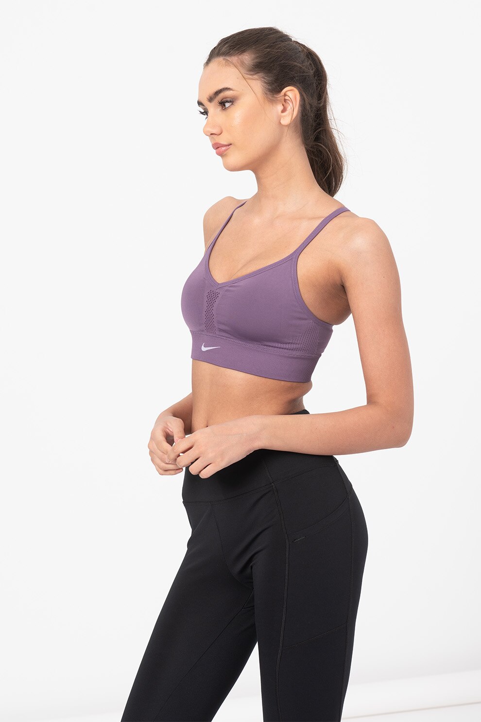 Nike, Bustiera fara cusaturi pentru fitness Indy, Violet prafuit