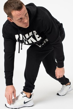 Nike, Trening cu gluga si imprimeu logo, Negru/Alb
