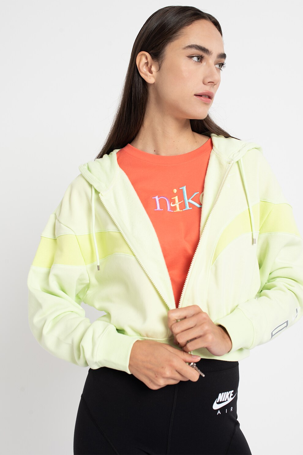Nike, Hanorac crop cu fermoar si logo brodat, Verde lime