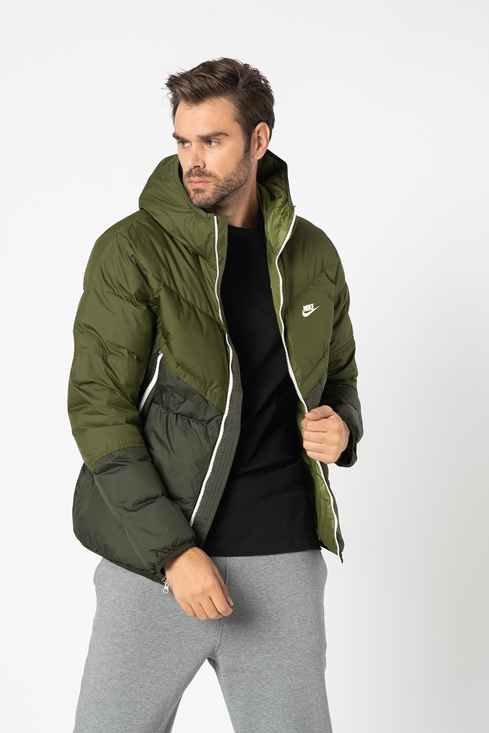 Nike, Geaca cu umplutura de puf si gluga Windrunner, verde marin, verde inchis