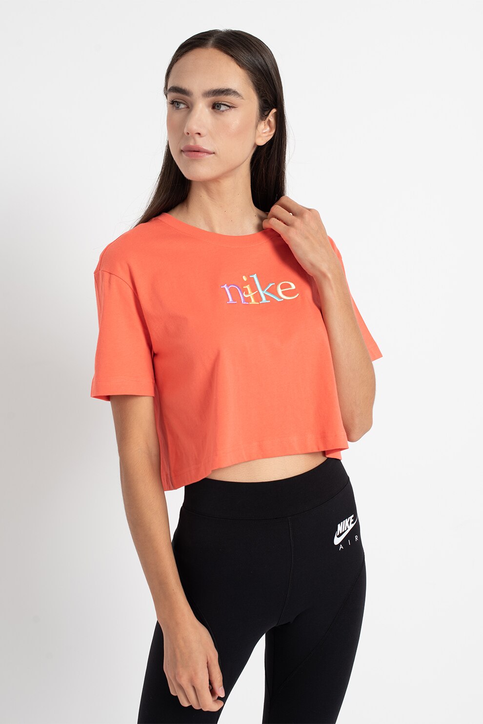 Nike, Tricou crop de bumbac cu logo brodat, Roz aprins