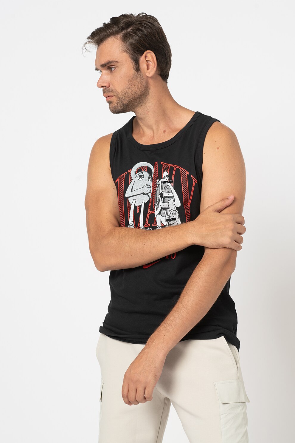 Nike, Top cu imprimeu si tehnologie Dri-Fit pentru antrenament, Negru/Alb/Rosu