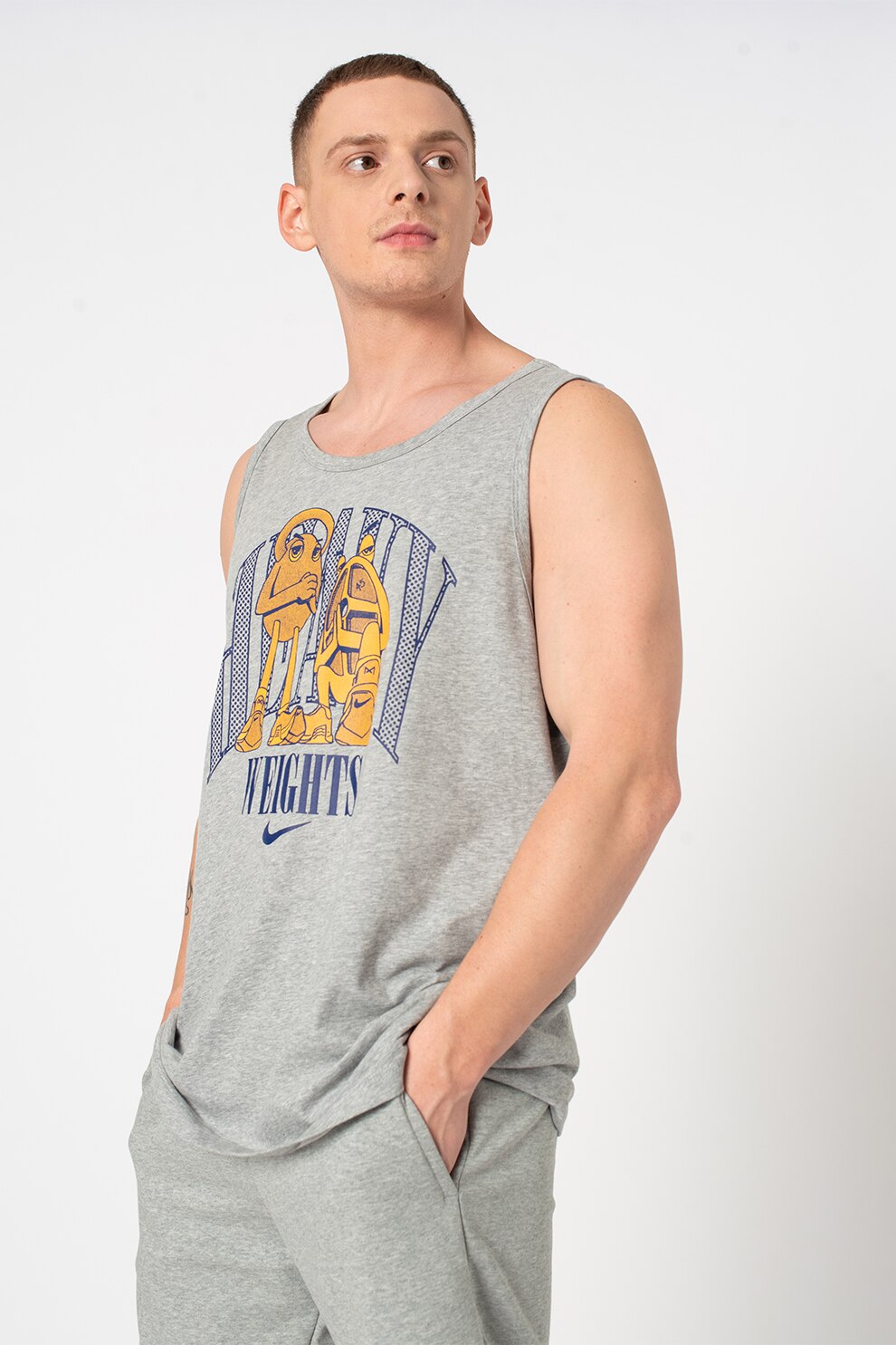 Nike, Top cu imprimeu si tehnologie Dri-Fit pentru antrenament, Gri melange/Galben