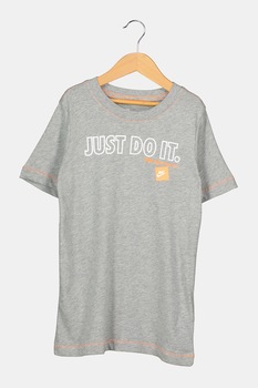 Nike, Tricou de bumbac cu imprimeu text, Gri melange/alb/oranj neon Nike, Tricou de bumbac cu imprimeu text, Gri melange/alb/oranj neon