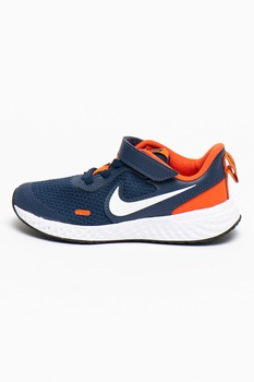 Nike, Pantofi sport cu velcro si insertii de piele Revolution 5, Bleumarin/Oranj mandarina Nike, Pantofi sport cu velcro si insertii de piele Revolution 5, Bleumarin/Oranj mandarina