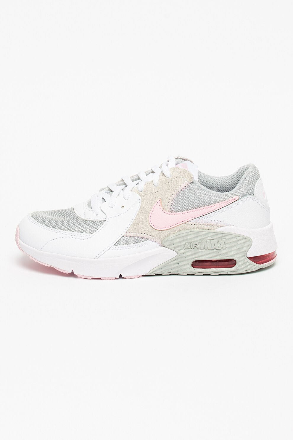 Nike, Pantofi sport cu insertii de piele intoarsa Air Max Excee, alb optic, gri, roz pal