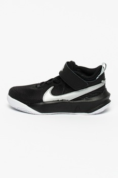 Nike, Pantofi cu garnituri de piele pentru baschet Team Hustle, Negru/Argintiu Nike, Pantofi cu garnituri de piele pentru baschet Team Hustle, Negru/Argintiu