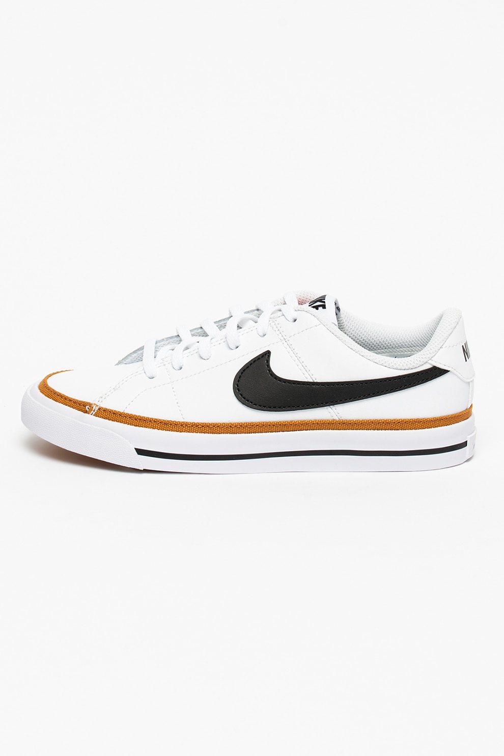 Nike, Pantofi sport cu insertii de piele Court Legacy, Alb optic/Negru/Maro caramel